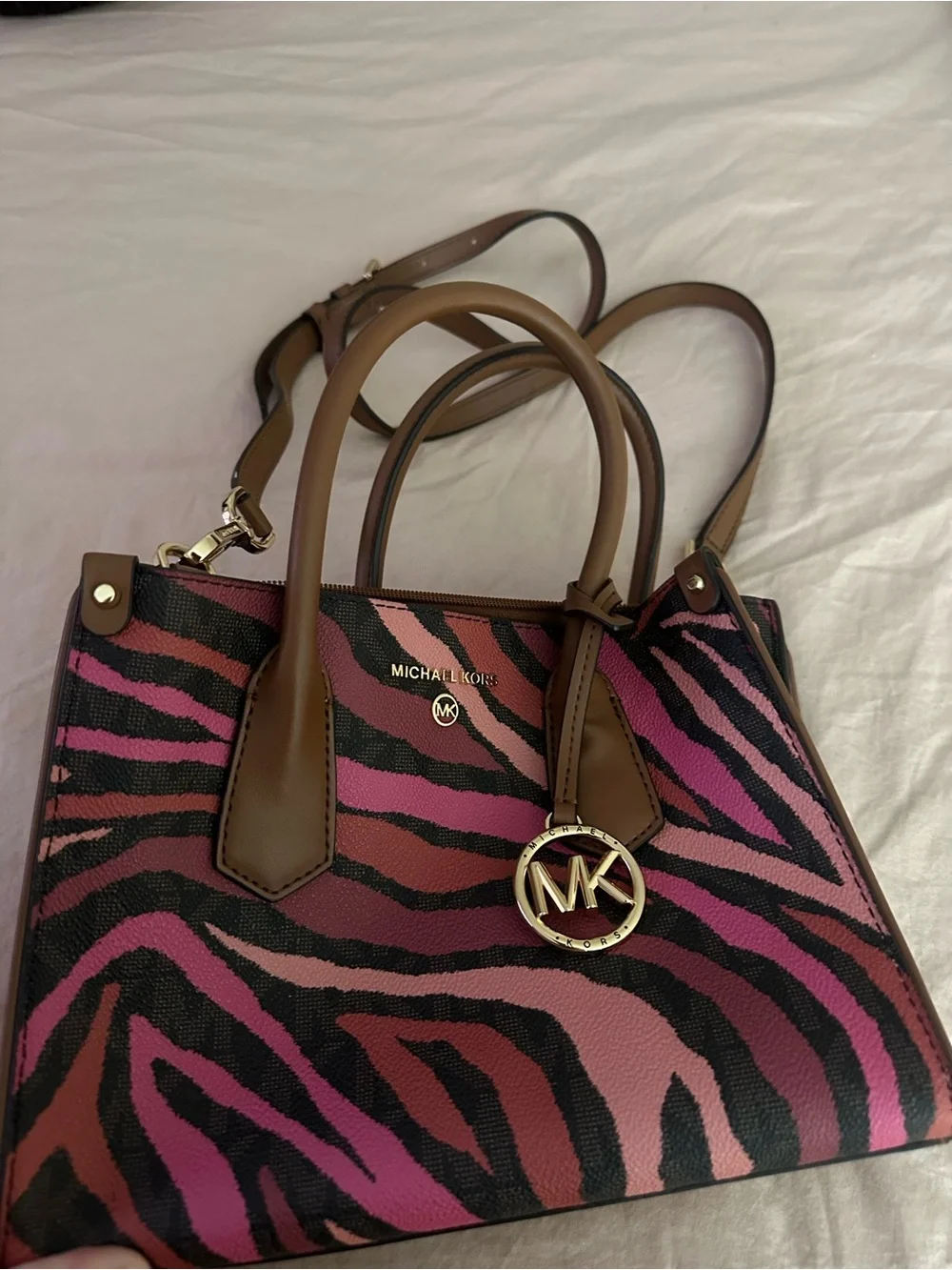 Michael Kors Pink and Black Zebra Print Satchel with Brown Trim